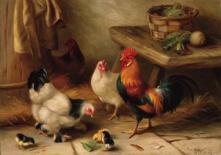Edgar Hunt - A cockerel, hens and chicks