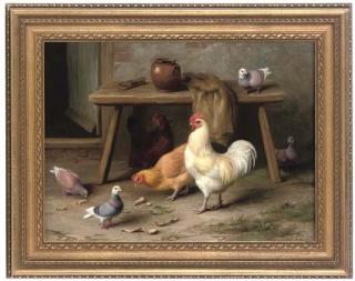 Edgar Hunt - A Cockerel, Hens And Pigeons Feeding By A Table