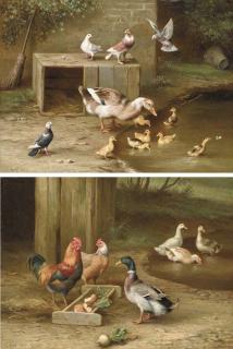 Edgar Hunt - A duck and ducklings, with doves, by a pond; and ducks and chickens, at feeding time