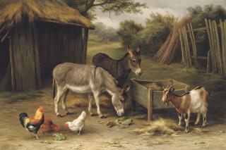 Edgar Hunt - A farmyard with donkeys, a goat and chickens