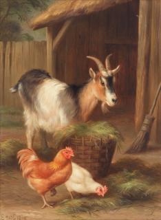Edgar Hunt - A goat and hens grazing