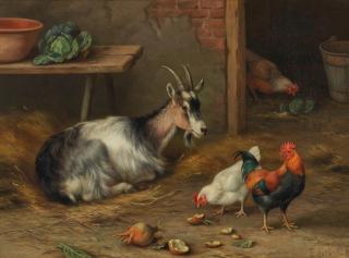 Edgar Hunt - A goat and hens