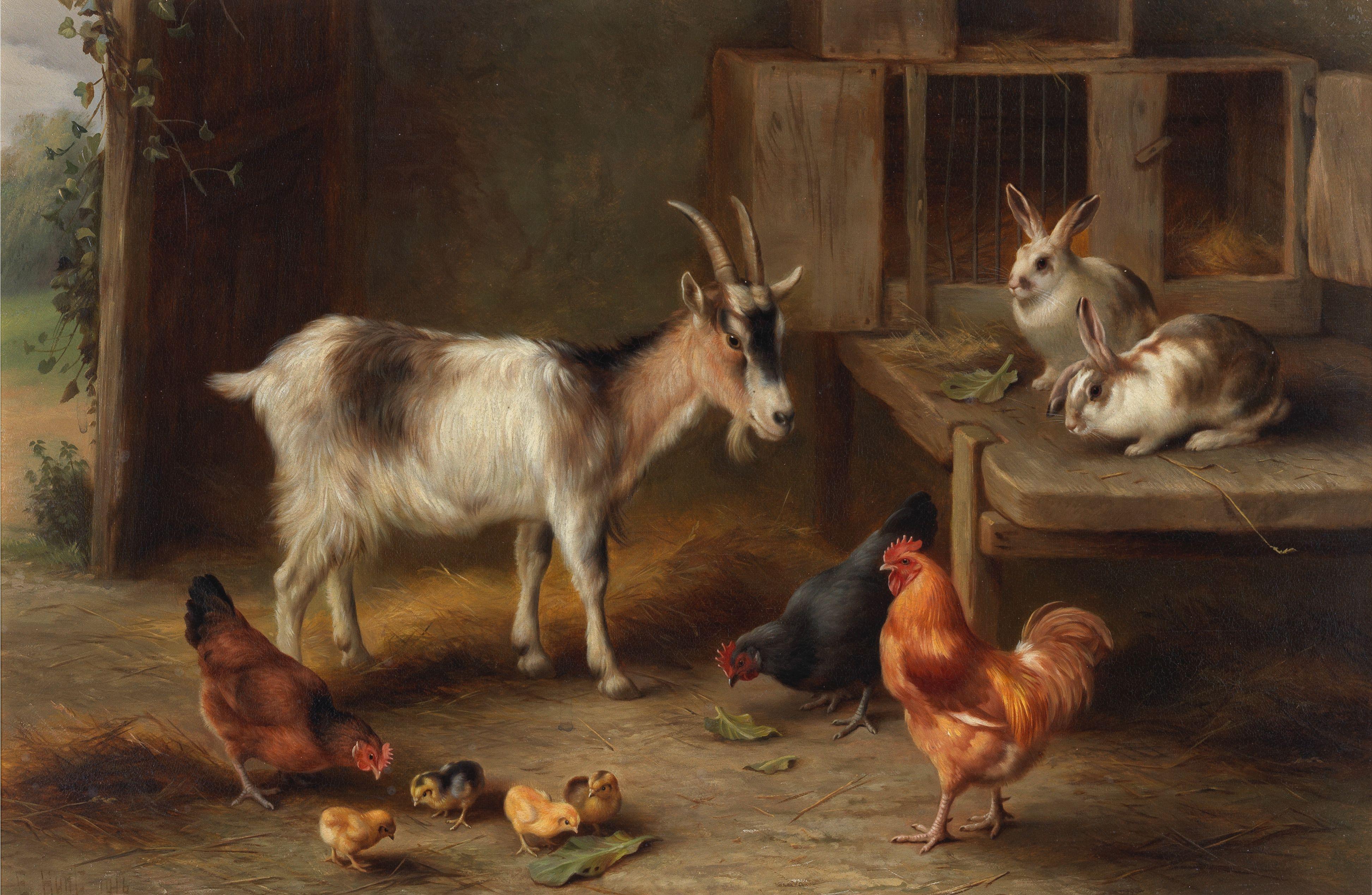 Edgar Hunt - A goat, hens and rabbits feeding