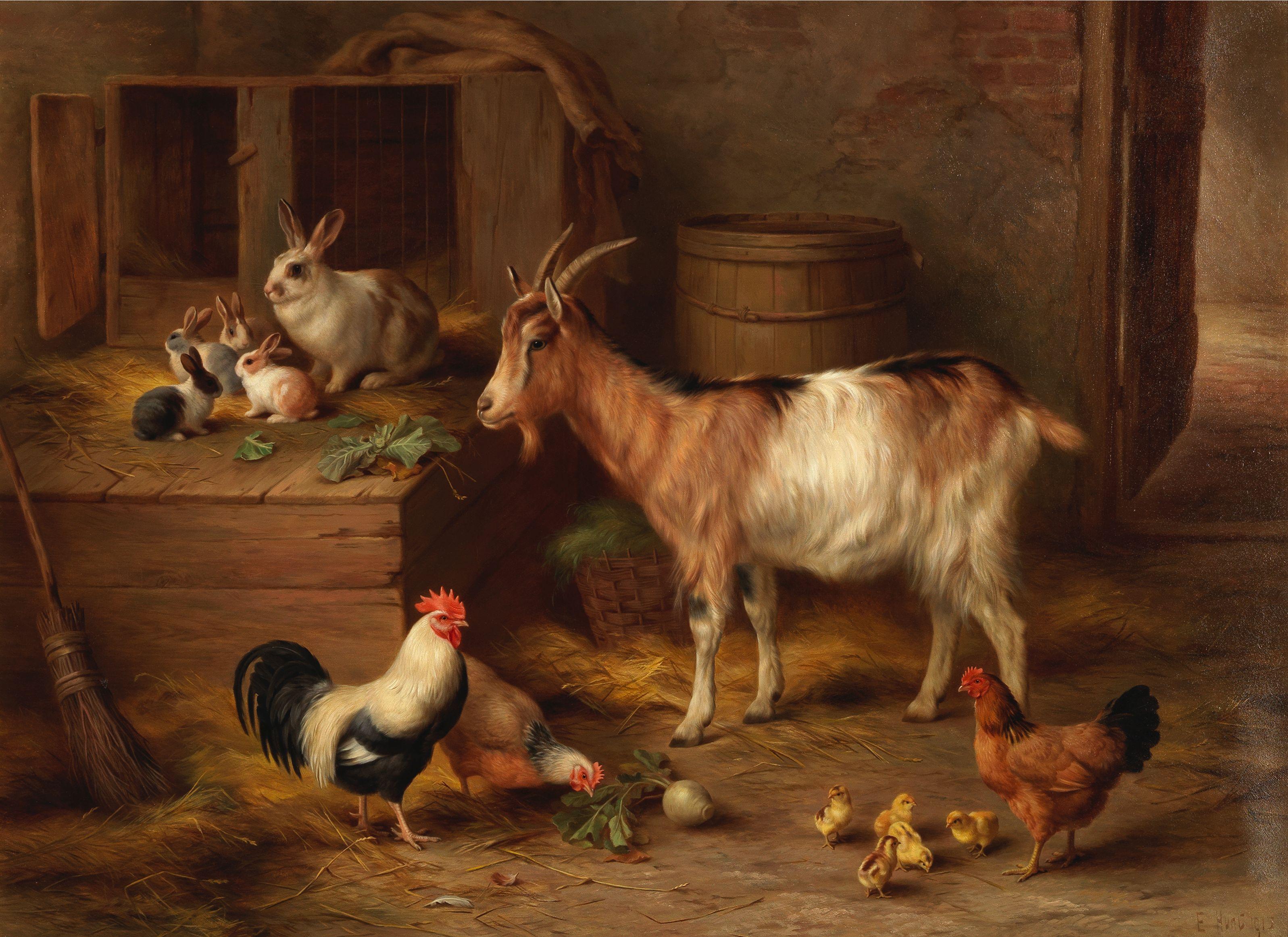 Edgar Hunt - A goat, hens, chicks and rabbits at feeding time