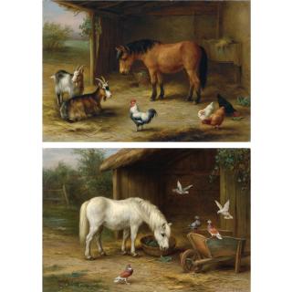 Edgar Hunt - A Horse With Pigeons At Feeding Time; A Pony With Goats And Chickens In A Barn