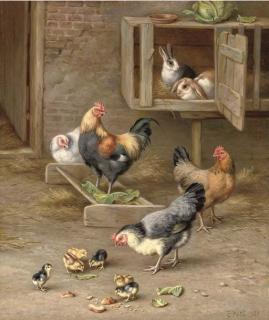 Edgar Hunt - Chicks, Chickens And Rabbits In A Hutch