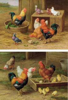 Edgar Hunt - Cockerels, Hens And Doves In A Farmyard; And Cockerels, Hens And Chicks In A Farmyard