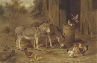 Edgar Hunt - Donkeys, Chickens, Chicks And Doves In A Farmyard