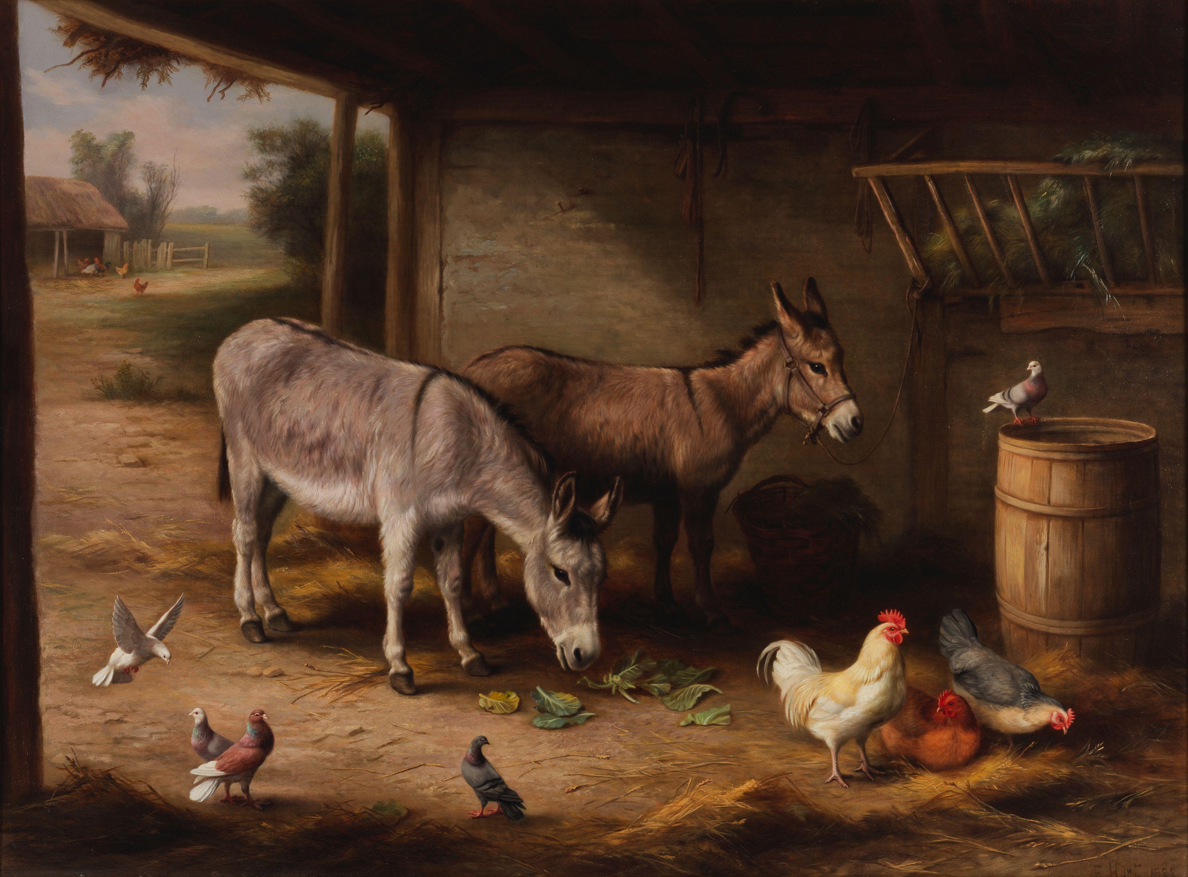 Edgar Hunt - Donkeys, hens and doves in a barn