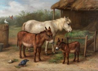 Edgar Hunt - Feeding time in the stable yard