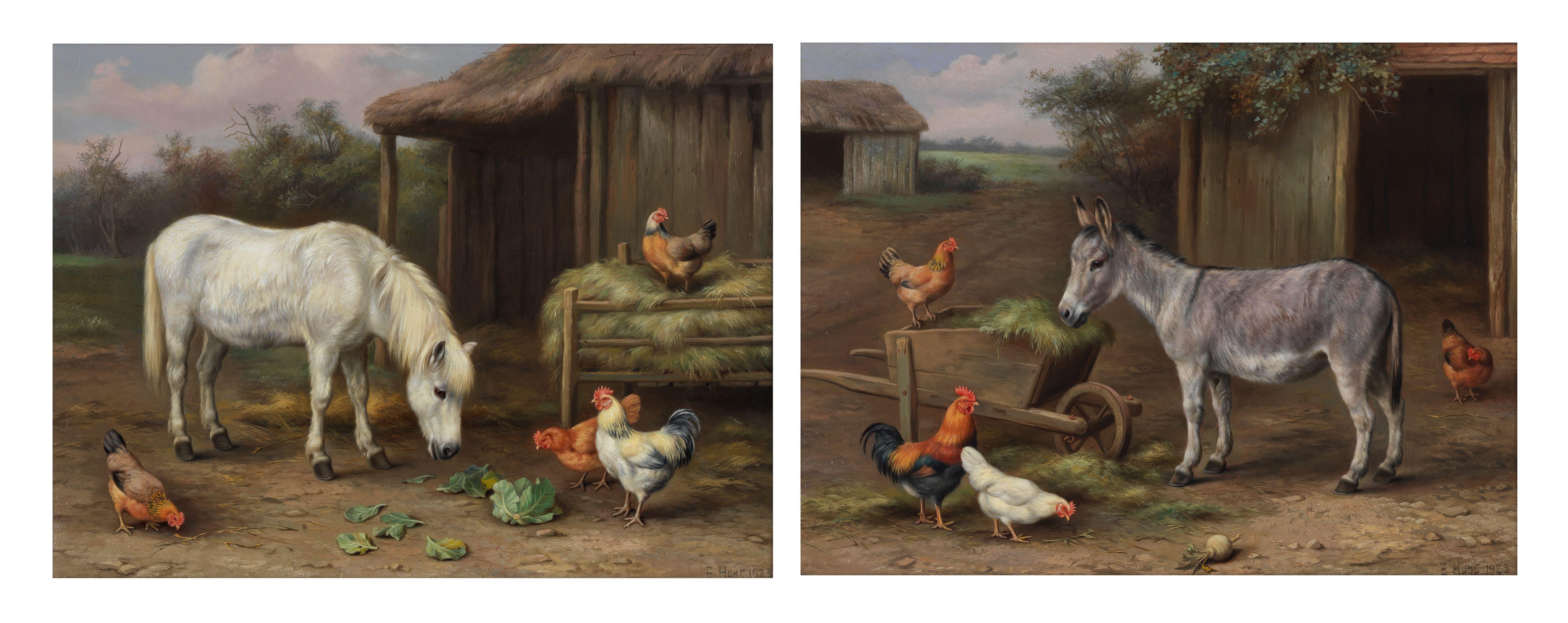 Edgar Hunt - Feeding time on the farm, a pair both 31 x 41cm (12 3/16 x 16 1/8in) (2)