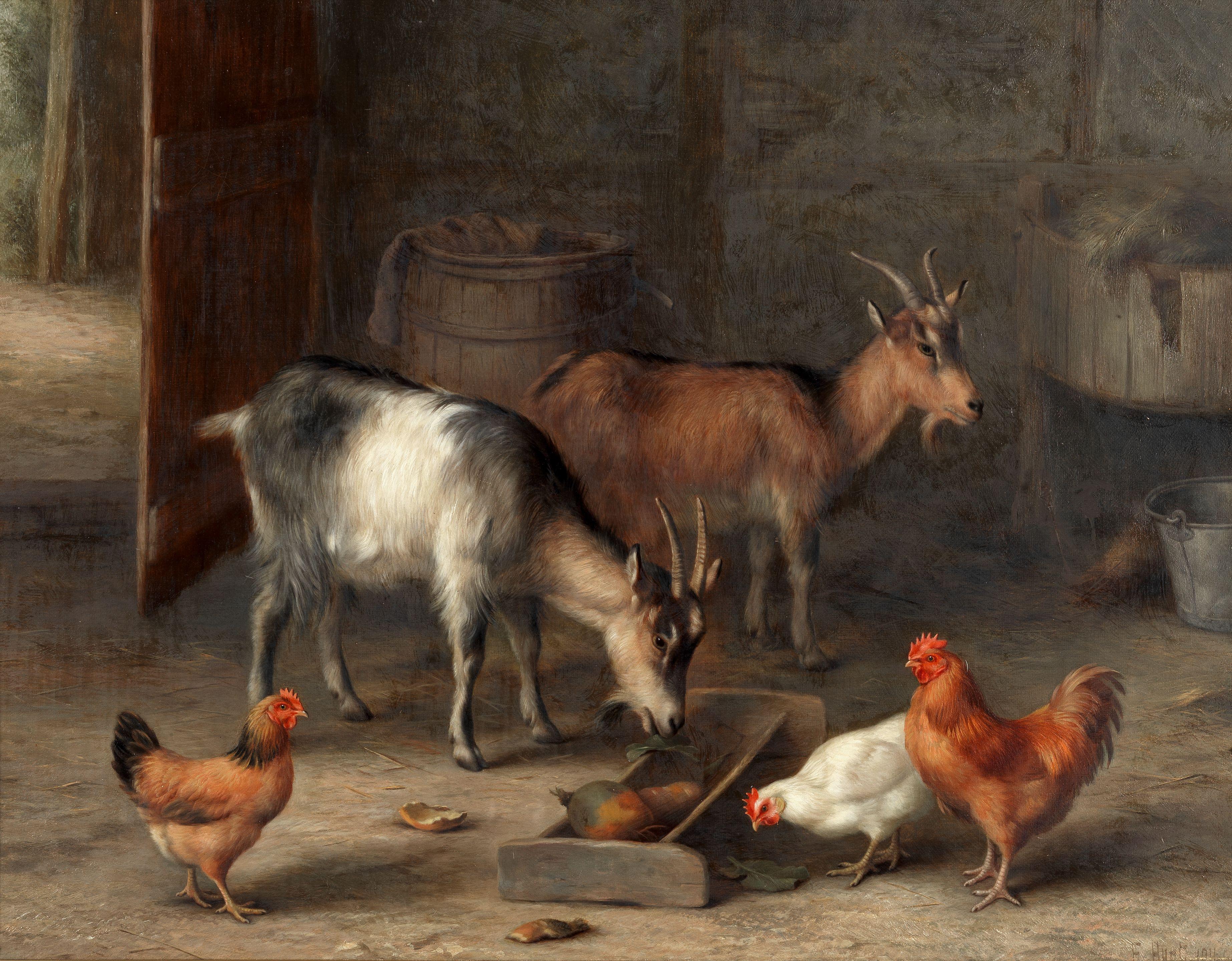 Edgar Hunt - Goats and chickens feeding in a farmyard interior