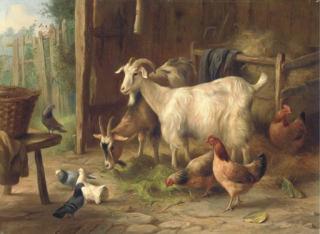 Edgar Hunt - Goats, Chickens, Pigeons And A Dove In A Barn