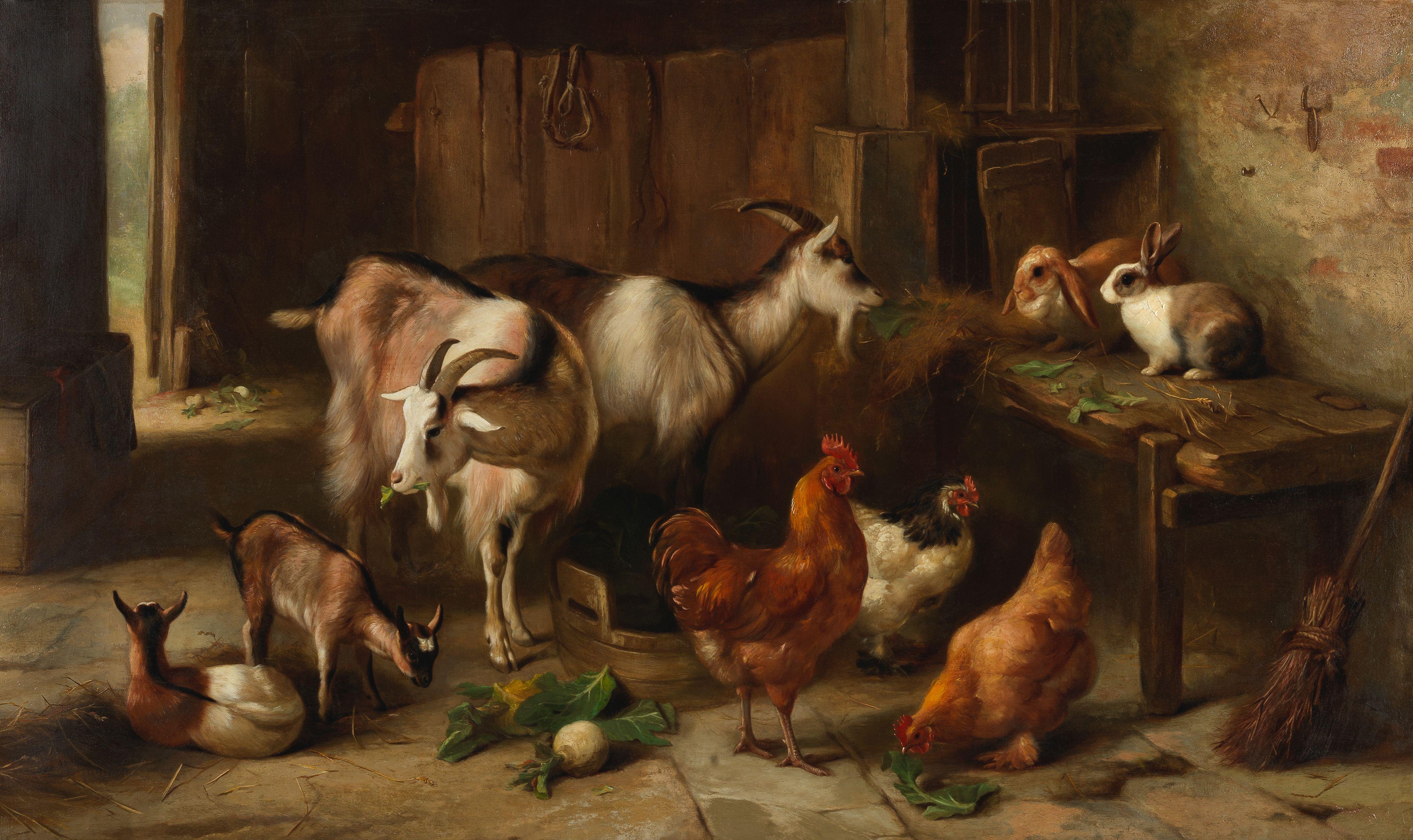 Edgar Hunt - Goats, hens and rabbits in a barn