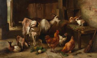 Edgar Hunt - Goats, hens and rabbits in a barn