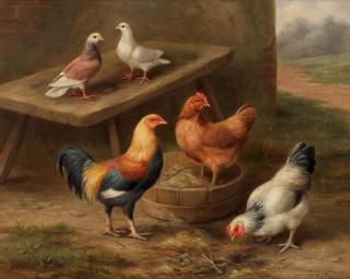 Edgar Hunt - Hens and doves in a farmyard
