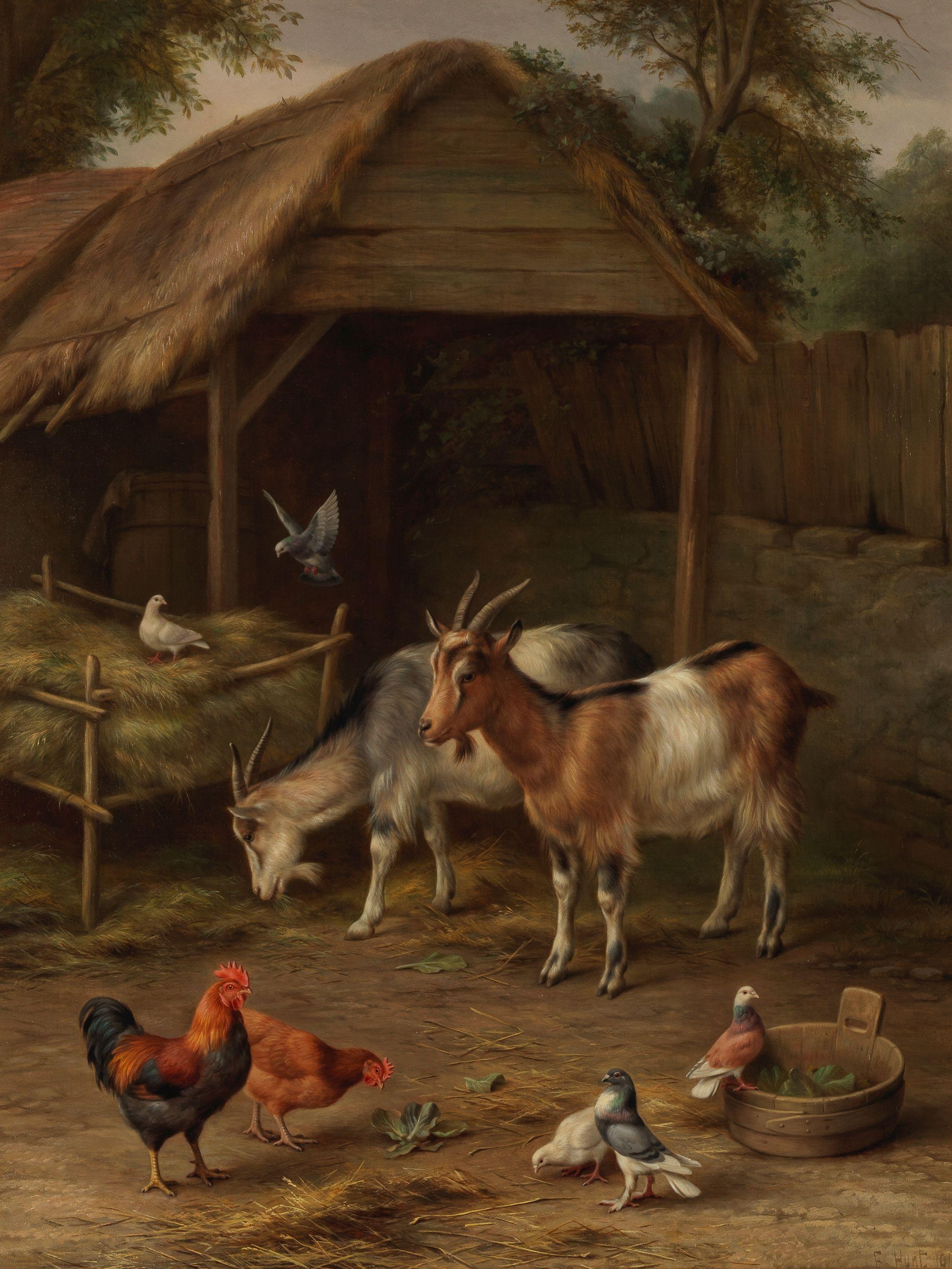 Edgar Hunt - Hens and goats in the farmyard