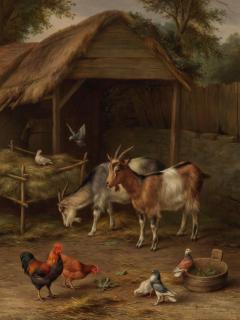 Edgar Hunt - Hens and goats in the farmyard