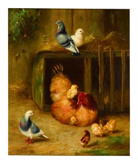 Edgar Hunt - Pigeons And Chicks With Mother Hen