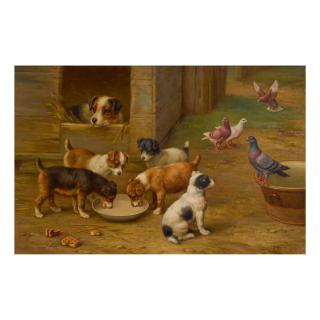 Edgar Hunt - Pigeons And Puppies In A Farmyard