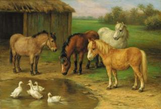 Edgar Hunt - Ponies and geese at a pond