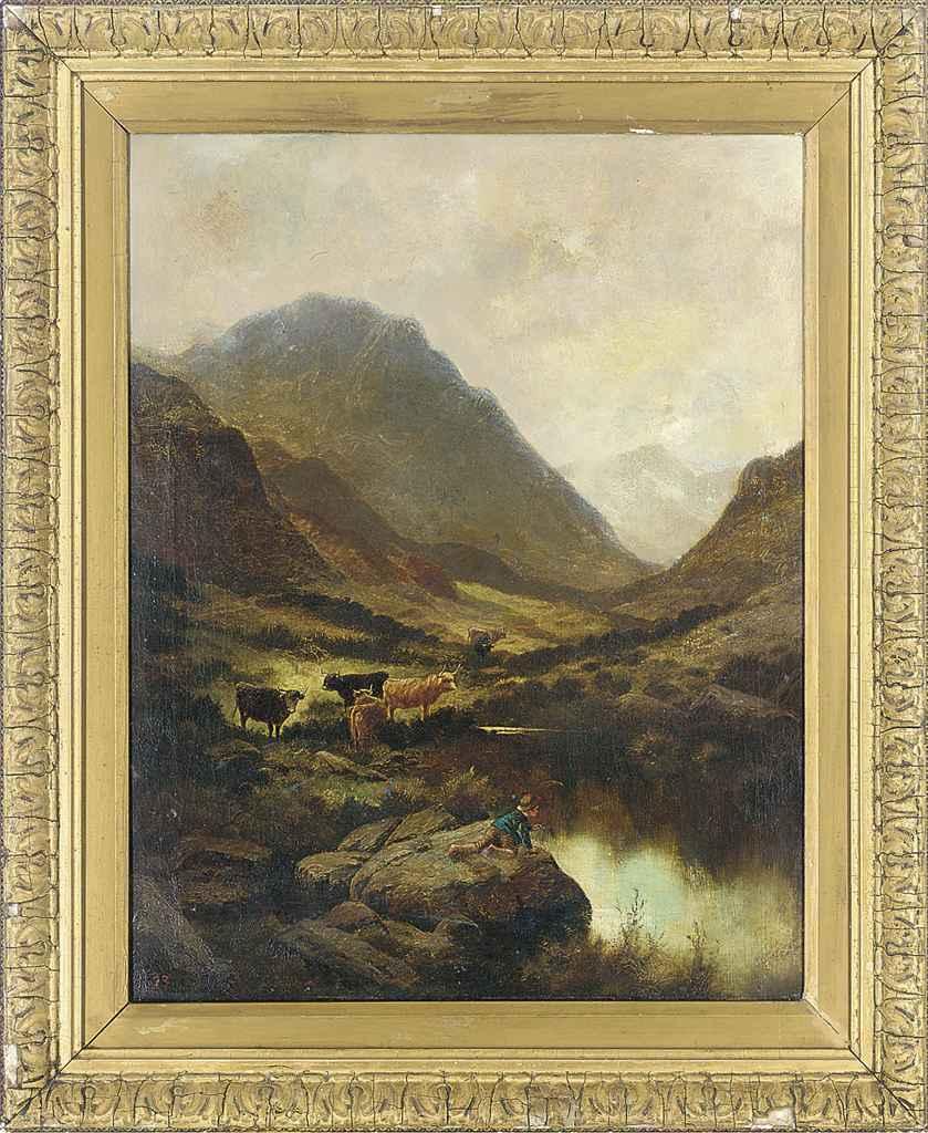 Edgar Longstaffe - A boy by a pool in a mountainous landscape, with cattle