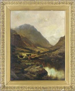 Edgar Longstaffe - A boy by a pool in a mountainous landscape, with cattle
