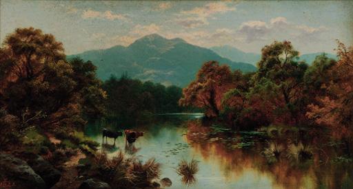 Edgar Longstaffe - Cattle watering in a mountainous landscape
