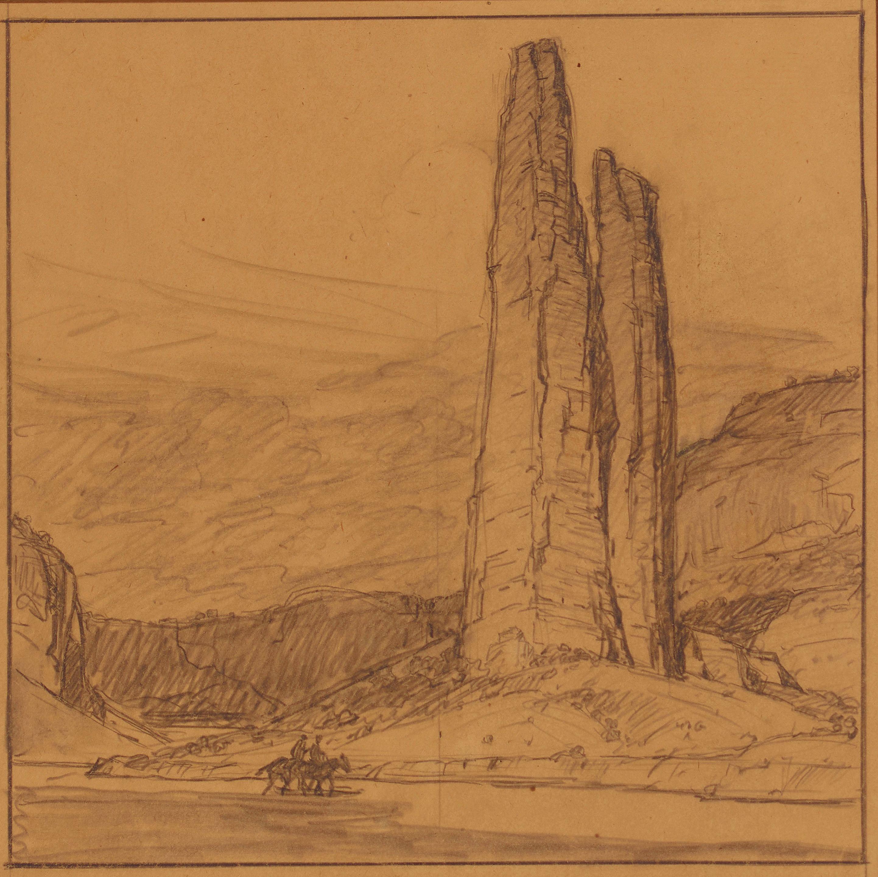 Edgar Payne - Two Riders in a Western Landscape sight 12 1/2 x 12 1/2 in. framed 19 3/4 x 19 3/4 in.