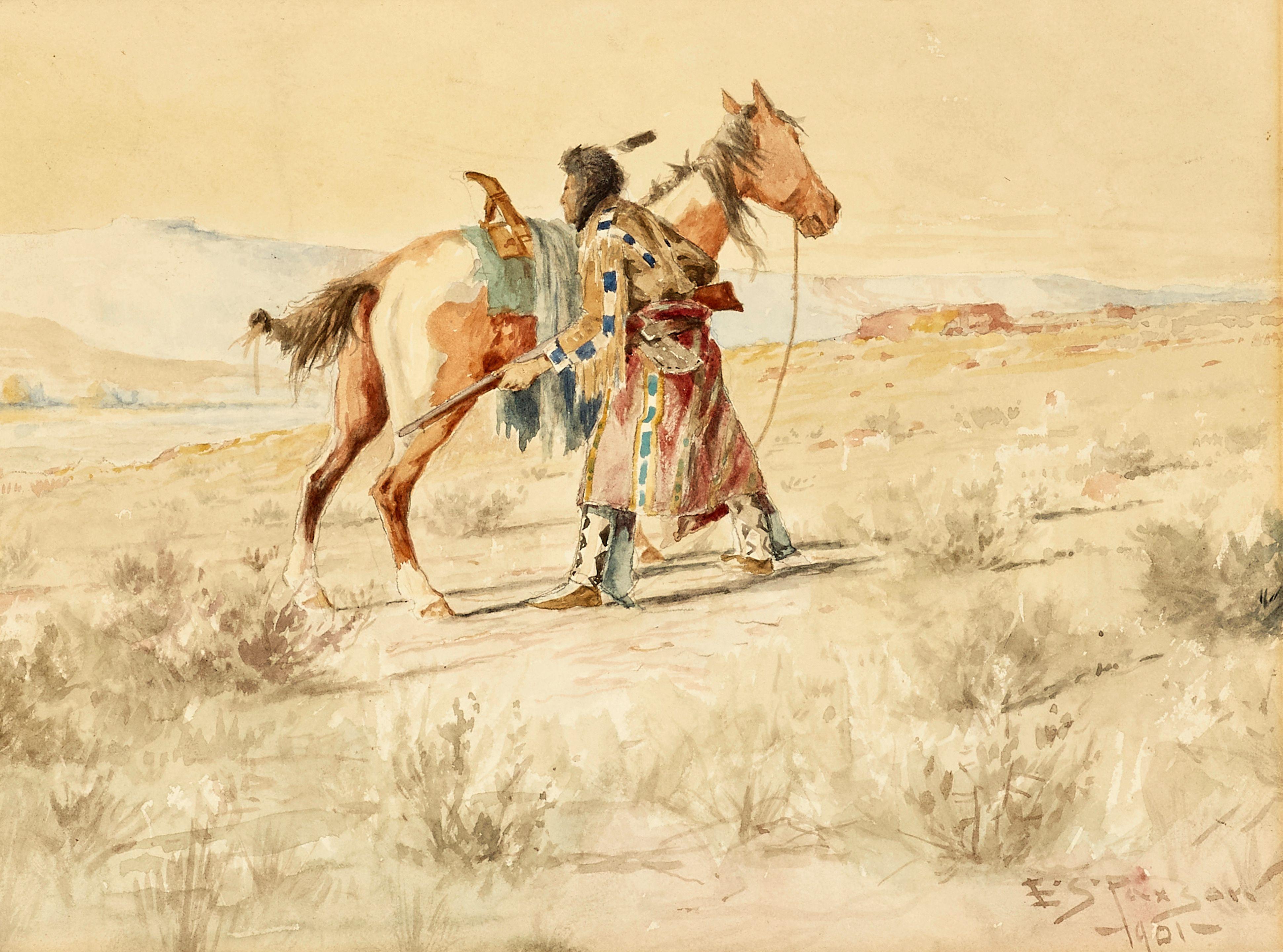 Edgar Samuel Paxson - Enemy Sighted sight 8 1/2 x 11 1/2 in. framed 15 x 18 in.