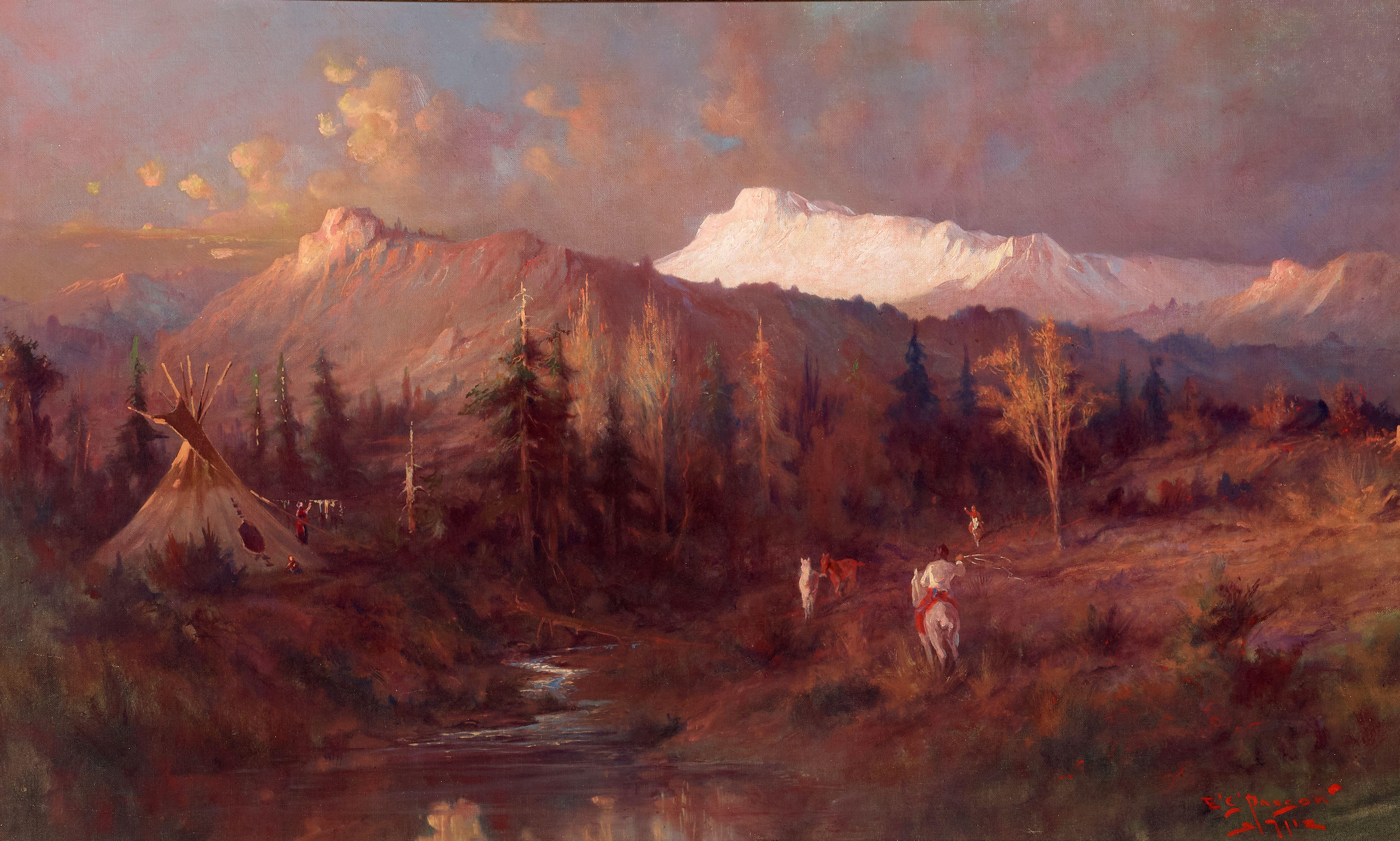Edgar Samuel Paxson - Sunrise at Agency Creek 22 x 36 in. framed 32 x 45 in.