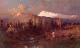 Edgar Samuel Paxson - Sunrise at Agency Creek 22 x 36 in. framed 32 x 45 in.