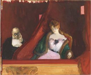 Edgard de Saint-Pierre de Montzaigle - Une jeune femme assise dans une loge, un homme derrière un rideau regardant à travers les jumelles
