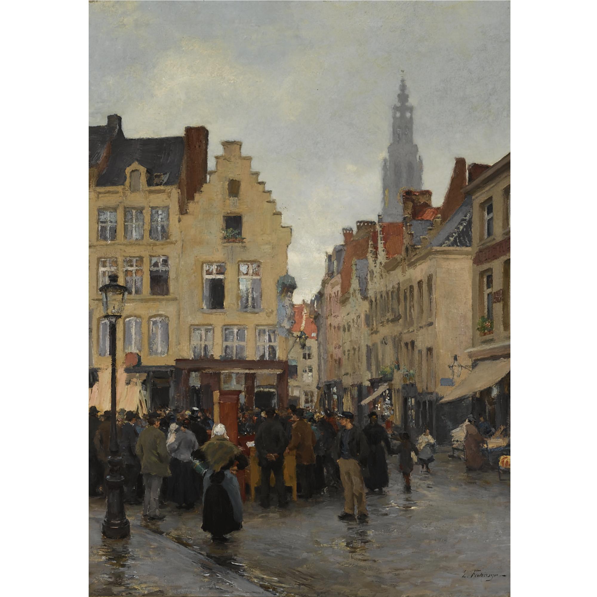 Edgard Farasyn - A Busy Market In Antwerp