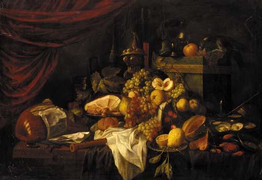 Edgard Farasyn - A cornucopia of fruits alongside musical instruments on a table