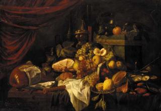 Edgard Farasyn - A cornucopia of fruits alongside musical instruments on a table