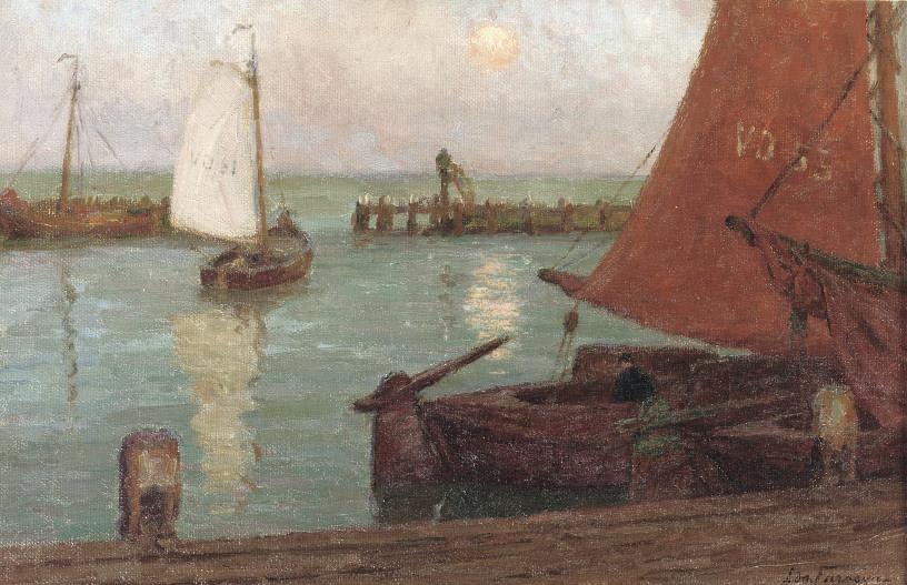 Edgard Farasyn - Le port à Volendam: boats in the harbour of Volendam by night