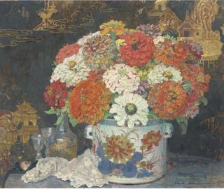 Edgard Maxence - Chrysanthemums in a Chinese Imari jardinière with a decanter and glasses on a table before a black lacquer screen