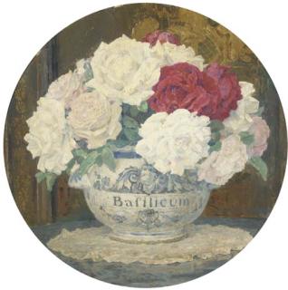 Edgard Maxence - Red and white roses in a bowl before a Chinese lacquer screen