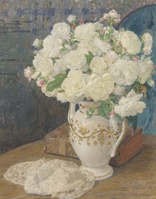Edgard Maxence - White roses in a vase, a lace handkerchief and a book on a table in an interior