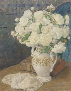 Edgard Maxence - White roses in a vase, a lace handkerchief and a book on a table in an interior