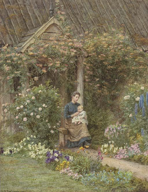 Edith Martineau, A.R.W.S. - A mother feeding her infant at the cottage door