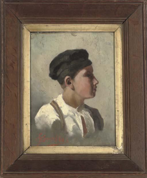 Edith Oenone Somerville - Portrait of a young boy, quarter-length, in a white shirt and blue hat