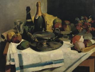 Edith Van Leckwyck-Campendonck - A still life with champagne bottle and fruits