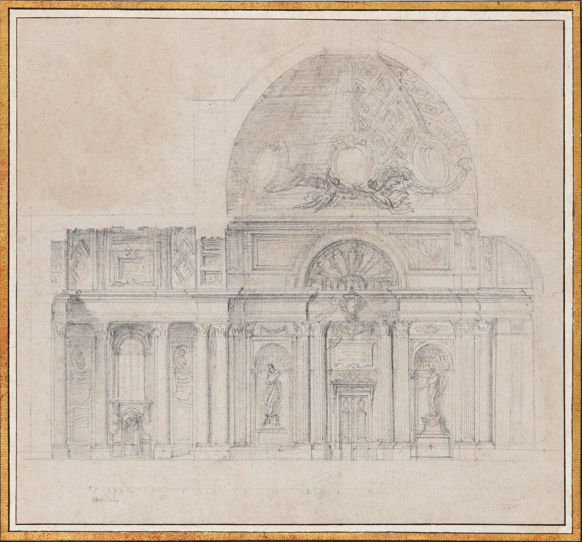 Edmé Bouchardon - An elaborate design for a wall elevation, including a door and a window, two niches with sculptures and half a dome with two different choices of decoration
