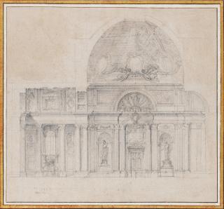 Edmé Bouchardon - An elaborate design for a wall elevation, including a door and a window, two niches with sculptures and half a dome with two different choices of decoration