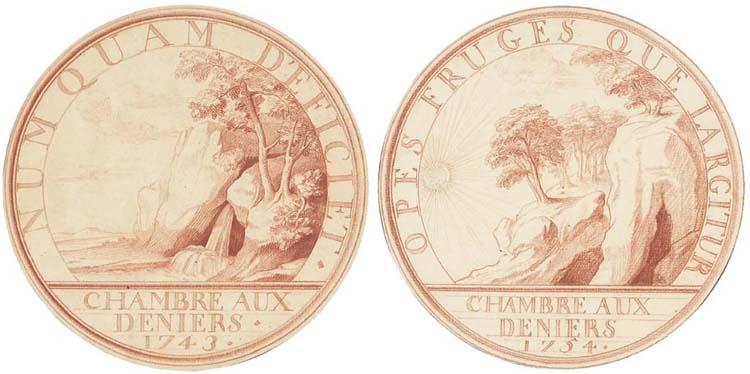 Edme Bouchardon - Une source d\'eau tombant d\'un rocher (WA 4); et Un soleil qui darde ses rayons sur des montagnes riches d\'arbres au sommet, & qui à leurs pieds découvrent des mines (WA 27)