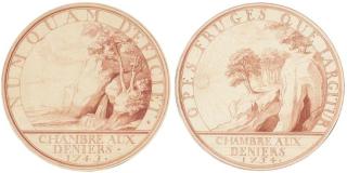 Edme Bouchardon - Une source d\'eau tombant d\'un rocher (WA 4); et Un soleil qui darde ses rayons sur des montagnes riches d\'arbres au sommet, & qui à leurs pieds découvrent des mines (WA 27)