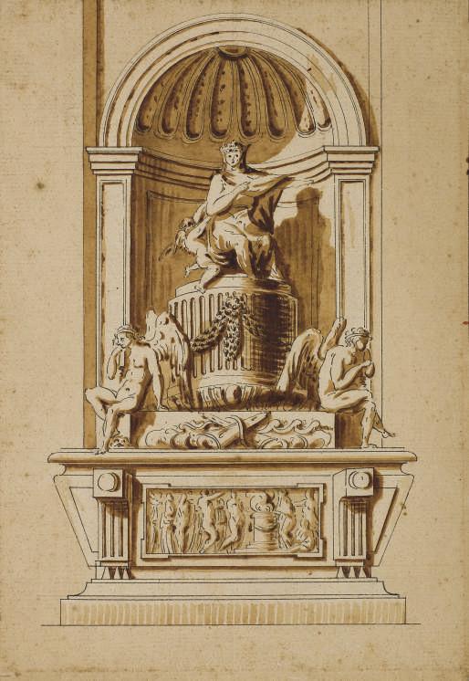 Edmond-Alexandre Petitot - Projet de tombeau surmonté de deux anges assis et d\'une figure couronnée