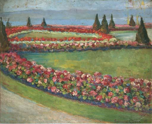 Edmond Ceria - Jardin fleuri au bord lac